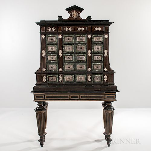 Flemish-style Ebony Silvered Metal and Marble Inlaid Collector's Cabinet on Stand