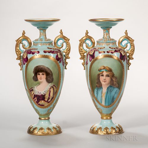 Pair of Ceramic Art Co. Belleek Porcelain Portrait Vases