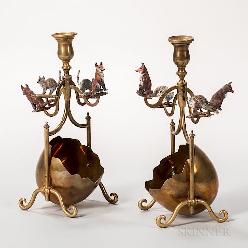 Pair of Whimsical Austrian Cold-painted Bronze and Brass Candlesticks
