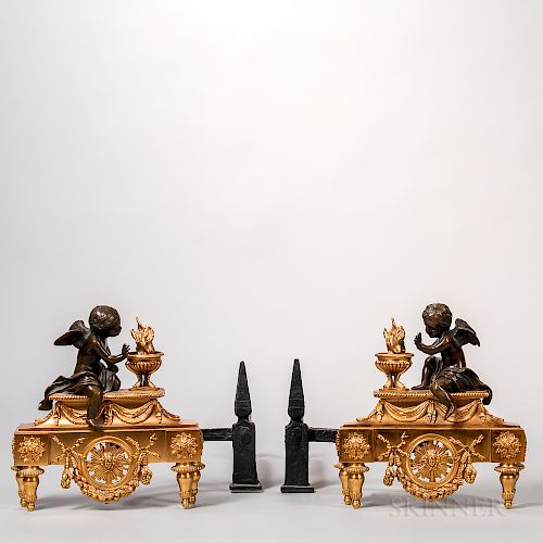 Pair of Louis XV-style Patinated- and Gilt-bronze Chenets