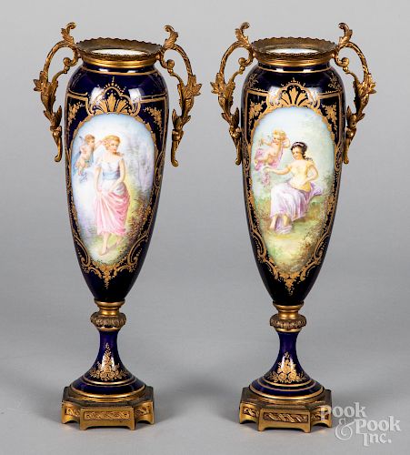 Two French Limoges porcelain enamel ormolu vases