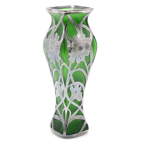Green Sterling Silver Floral Overlay Vase