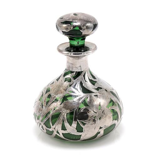 Green Perfume Bottle with Silver Overlay