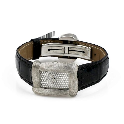 Henry Dunay Sabi in White Gold Brushed Case on Strap with Pave Diamond Dial