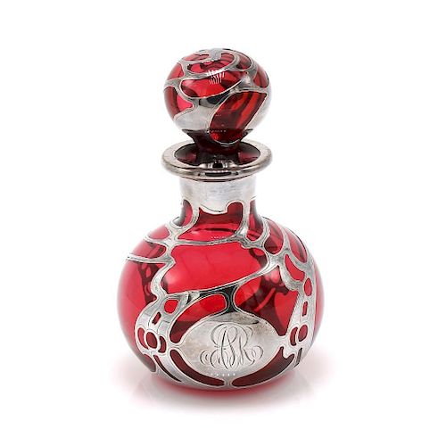 Red Perfume Bottle with Silver Overlay