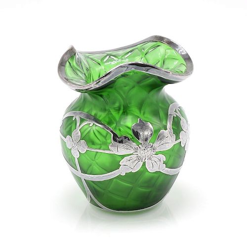 Green Bud Vase with Sterling Silver Flower Design Overlay