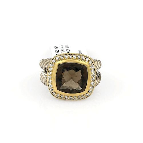 David Yurman Sterling Silver & 18K Yellow Gold Smoky Quartz Albion Diamond Ring - No Reserve