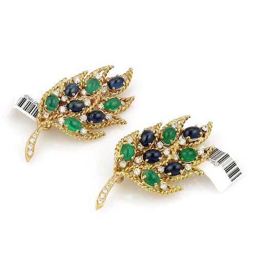 Pair of 14K Yellow Gold Emerald Sapphire and Diamond Floral Brooches