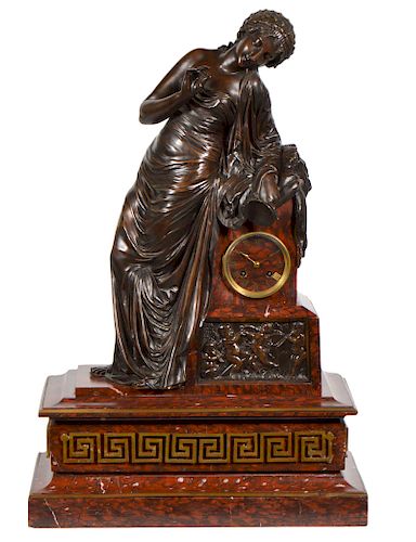 19th C. French Large Marble and Bronze Clock