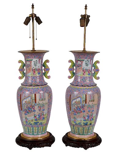 Pr. Large Chinese Enameled Lamps