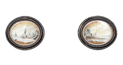 Pair, Oval Framed Seascape Needleworks, 1802
