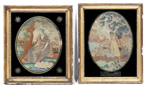 Pair, 19th C. English Silk Embroidery Panels