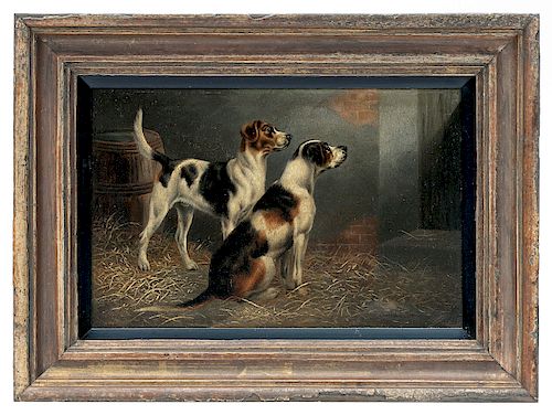 19th C English Painting of Two Dogs in Barn