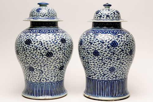 Pair of Chinese Blue & White Lidded Temple Jars