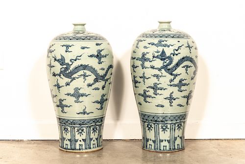 Pair of Chinese Large Blue & White Dragon Vases