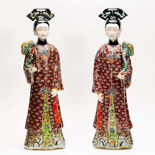Pair of Chinese Porcelain "Nodding" Court Ladies
