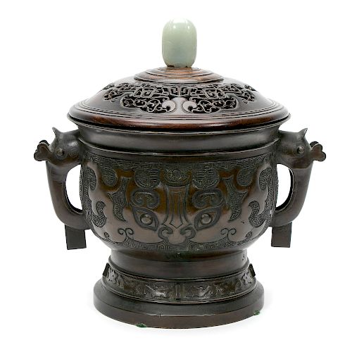 19th Chinese Bronze Censer with Jade Finial