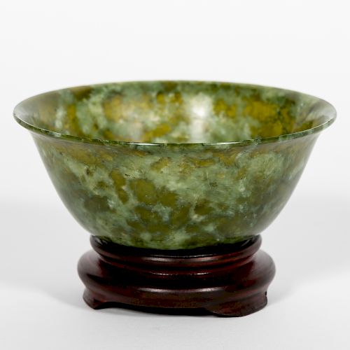 Chinese Spinach Jade Bowl on Wooden Stand