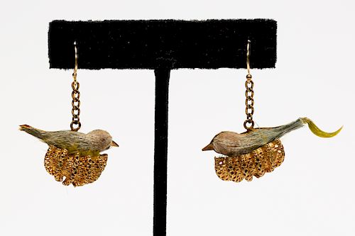 Pair, Gold & Bird in Nest Motif Earrings