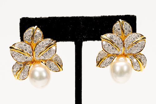 Pair, 18K Gold Earrings w/ Pearls & Diamonds