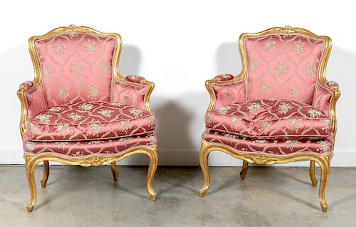 Pair, Louis XV Style Giltwood Bergere Chairs