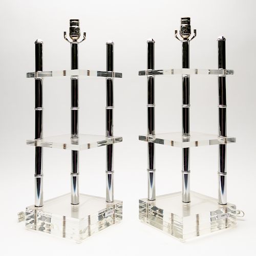 2 Mid Century Modern Lucite & Chrome Table Lamps