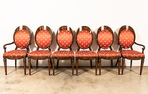 Set of Six Oval Back & Burled Wood Dining Chairs