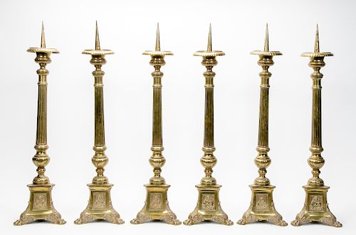 Set, 6 Brass Altar Sticks w/ Christian Iconograpy