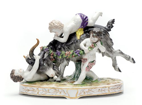 Meissen Porcelain Figurine, Putti & Ram Playing