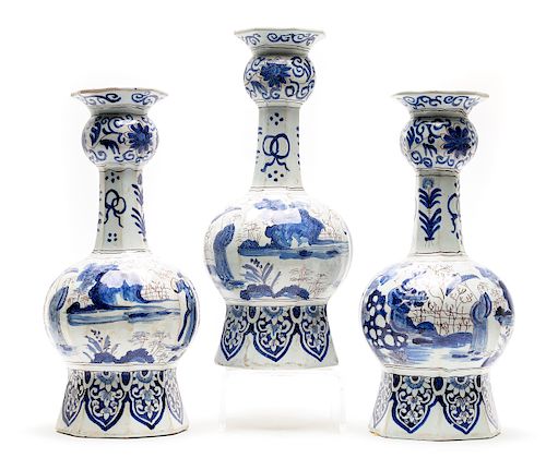 Three Blue & White Faience Vases, Marked