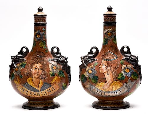 Pair, Decorated Pottery Pilgrim Bottles