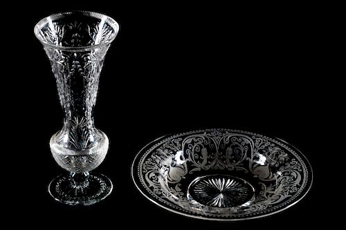 2 Cut / Etched Rock Crystal Pieces- Vase and Bowl