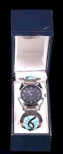 Zuni Signed Turquoise Stainless Steel Watch