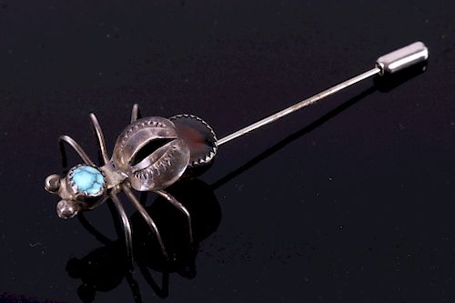 Navajo Sterling, Turquoise & Agate Insect Pin