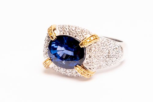 18k Two-Tone Gold, Sapphire, & Diamond Ring, GIA
