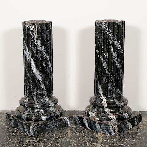 Pair, Marbled Black & White Column Pedestals