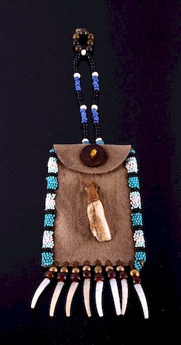 Plains Indian Bison Tooth & Beaded Medicine Pouch
