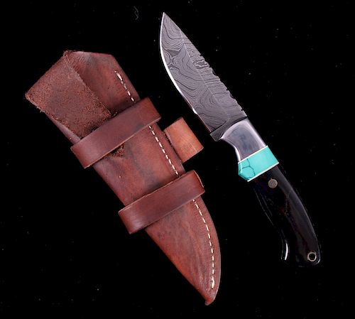 CFK Damascus Turquoise & Buffalo Inlaid Horn Knife