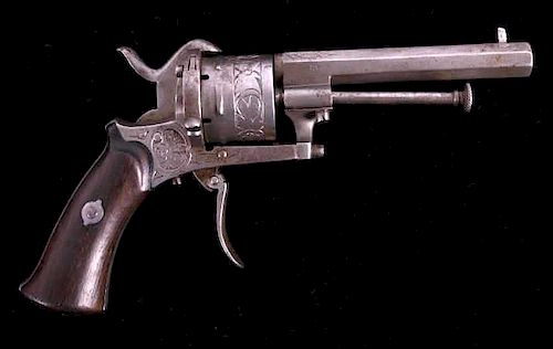 Engraved Belgian Folding Trigger Pinfire Revolver