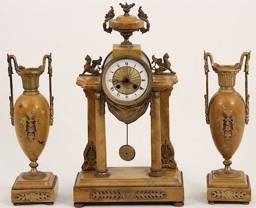 3 PC. FRENCH GILT BRONZE AND MARBLE CLOCK SET