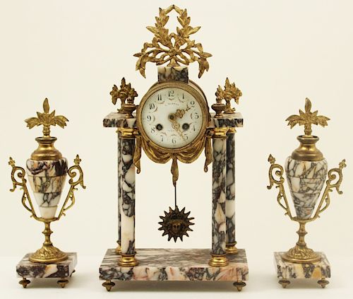 FRENCH BRONZE AND MARBLE CLOCK GARNITURE