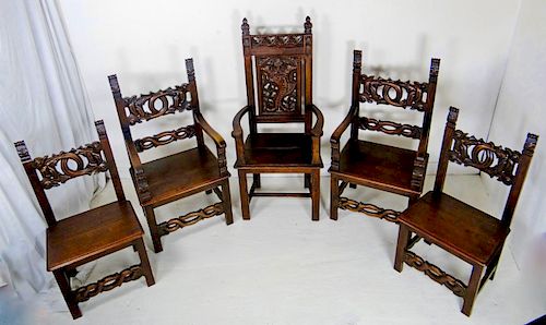 MISC. LOT OF 5 GOTHIC CARVED MONASTERY CHAIRS
