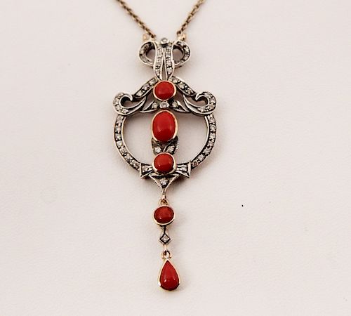 18K DIAMOND AND CORAL PENDANT NECKLACE