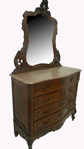 LOUIS XV STYLE MARBLE TOP WALNUT COMMODE