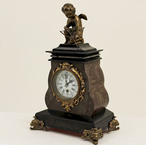 FRENCH STYLE MARBLE CLOCK W/CUPID SURMOUNT