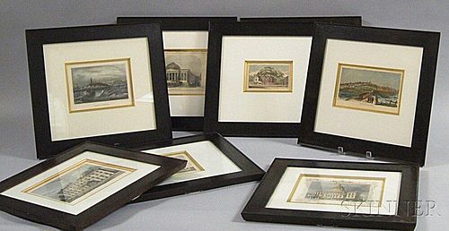 Eight Framed Mostly Hand-colored Engravings of Boston