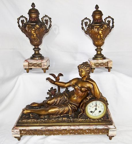3 PC. FRENCH PATINATED BRONZE METAL CLOCK SET