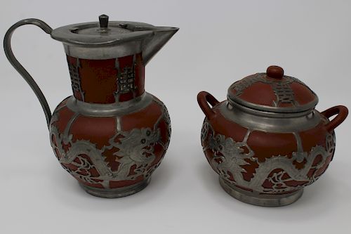 (2) Chinese Zisha Clay Dragon Teapots, Signed