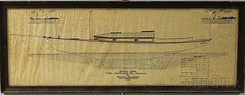 Framed Pen and Ink Yacht Plan on Silk