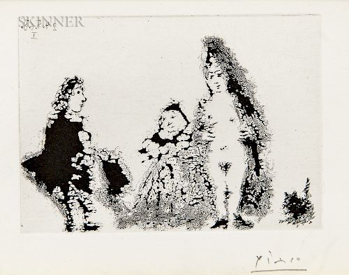 Pablo Picasso (Spanish, 1881-1973)  Célestine et fille, avec un chat et un jeune client